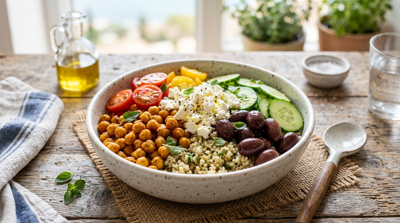 Bol templado de quinoa real, garbanzos cocidos y dados de aguacate