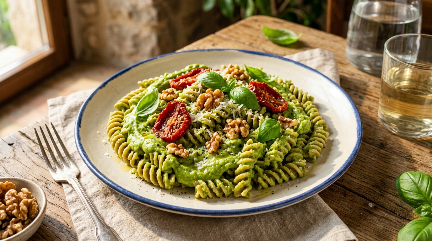 Pasta penne 100% integral con crema tibia de aguacate y albahaca
